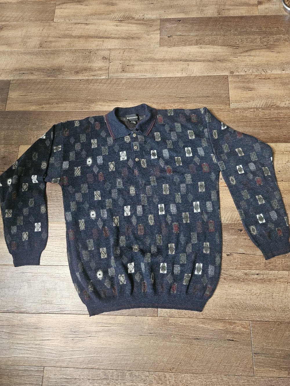 Vintage Conte di Milano Knit Polo Sweater Men’s Fitted L - Wool Blend Geometric